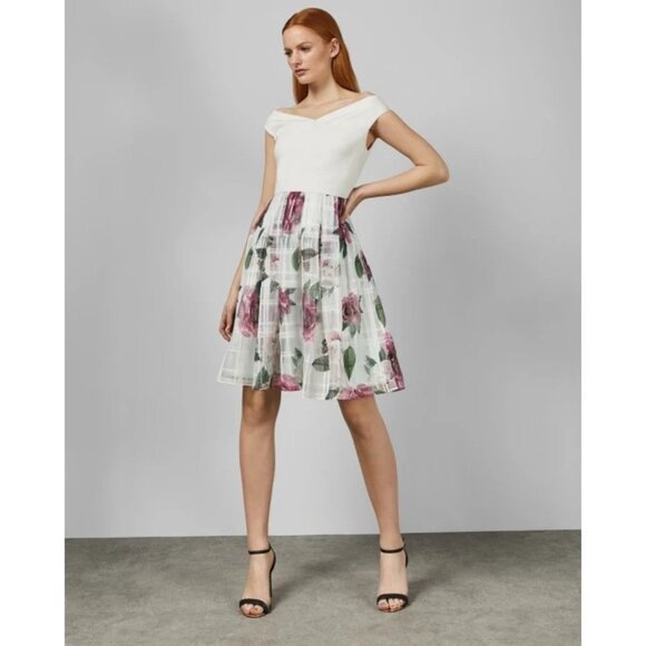 Ted Baker Licious Magnificent Print Off-the-Shoulder Fit & Flare Dress TB 3 - Picture 1 of 12